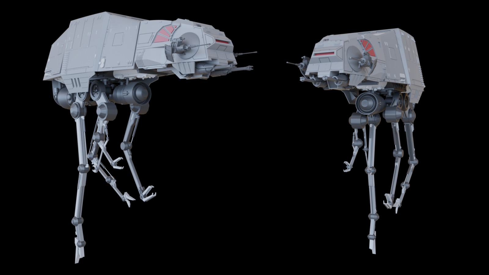 Doug Chiang requested a model of a ATAT/Droid concept design he had in mind for the ocean planets backround.  Sadly, it was cut from the show.