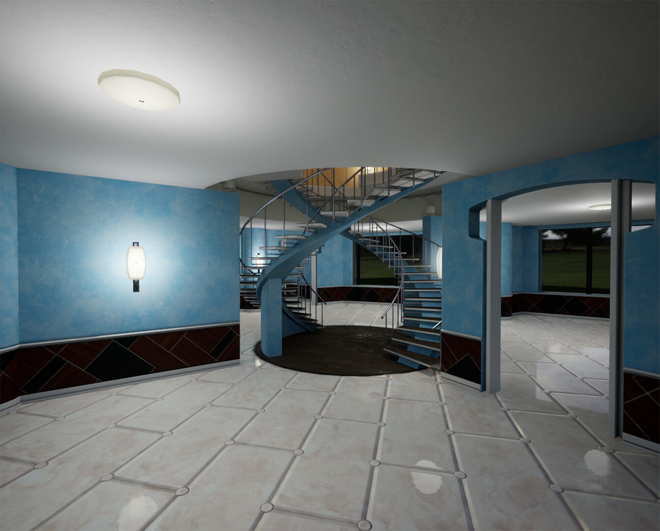 Looking forward from the back rooms. Marble flooring and distempered walls.
