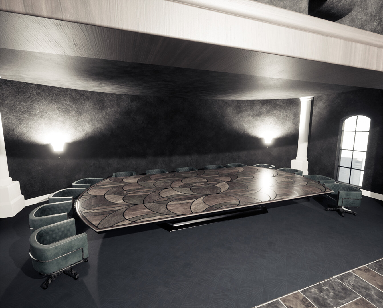 Conference Room. I'm pretty fond of the design and wood inlays on the table and its "little buddy," the end table next to the deck recliner shown in 001. 