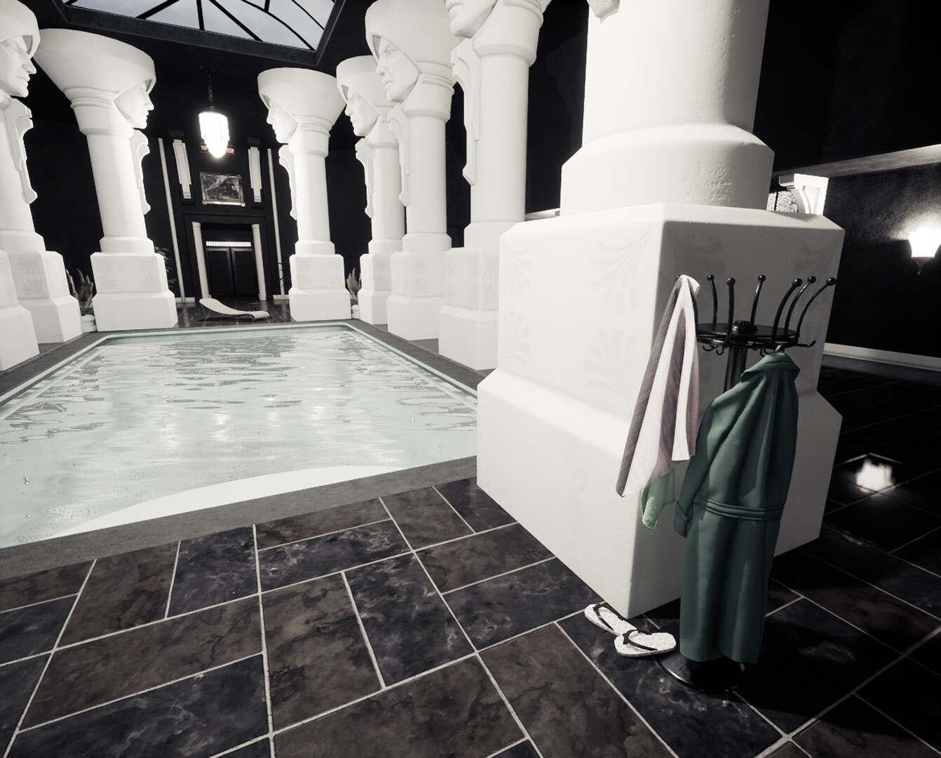 The Countess's robe, towels, and flip flops.