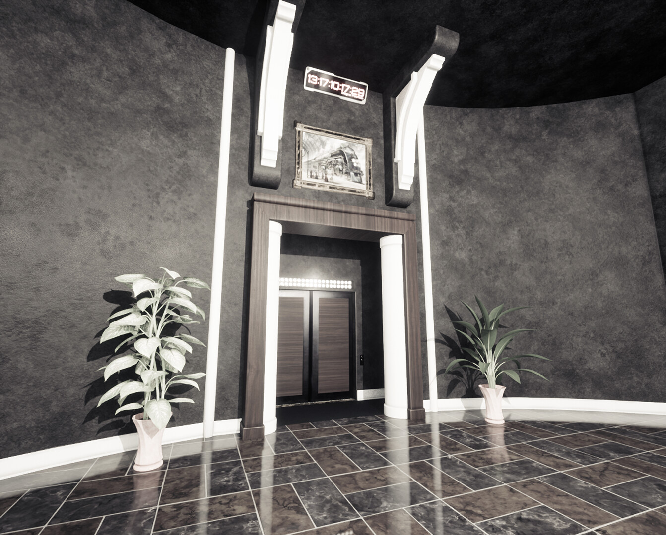 View of the Elevator. Credit to Ben Wooten for the dieselpunk painting above the archway.