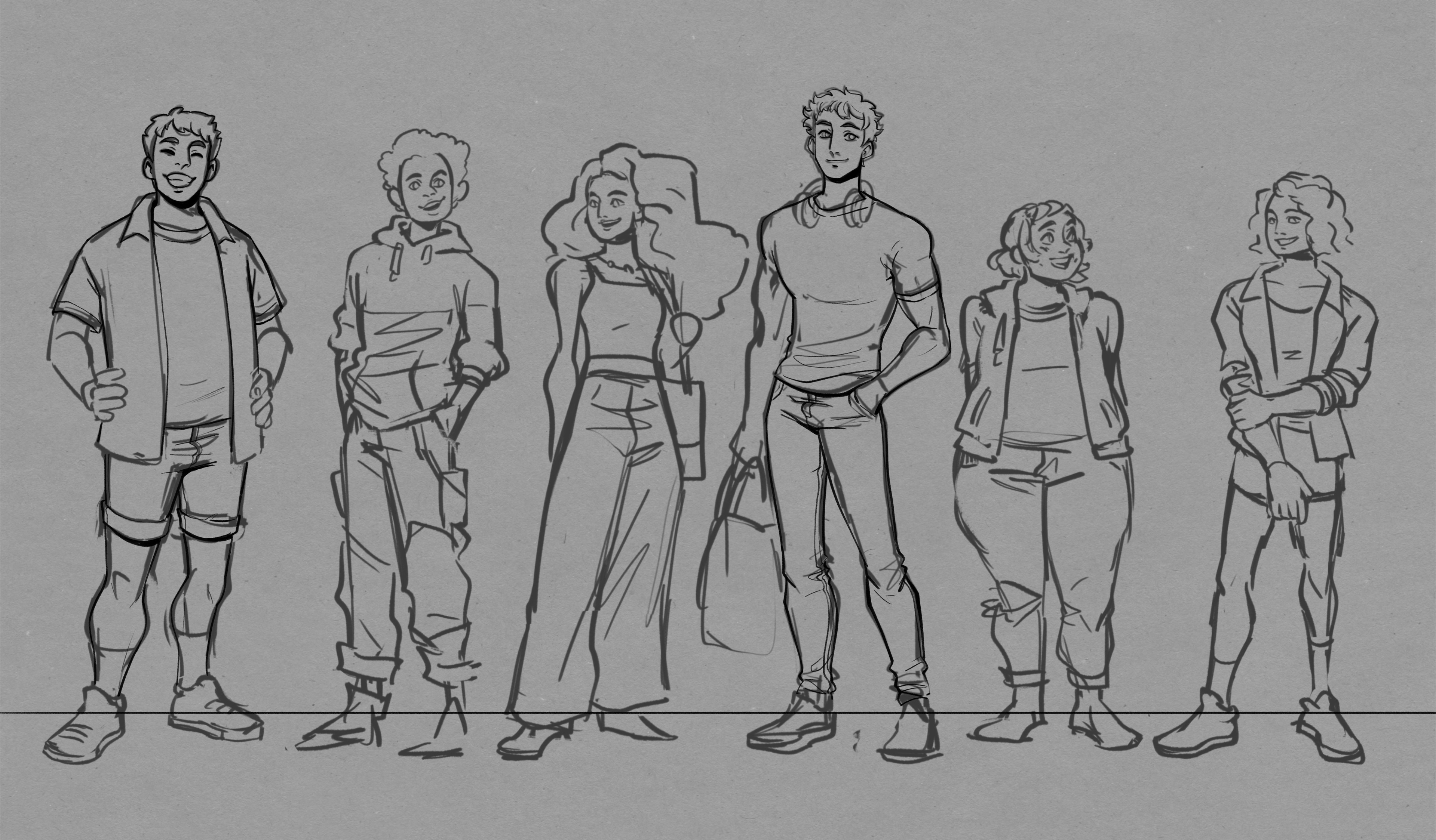 A quick lineup to check on everybody’s silhouettes, we were trying to have a large variety of body shapes and have at least one character that you could connect with or see yourself represented. 