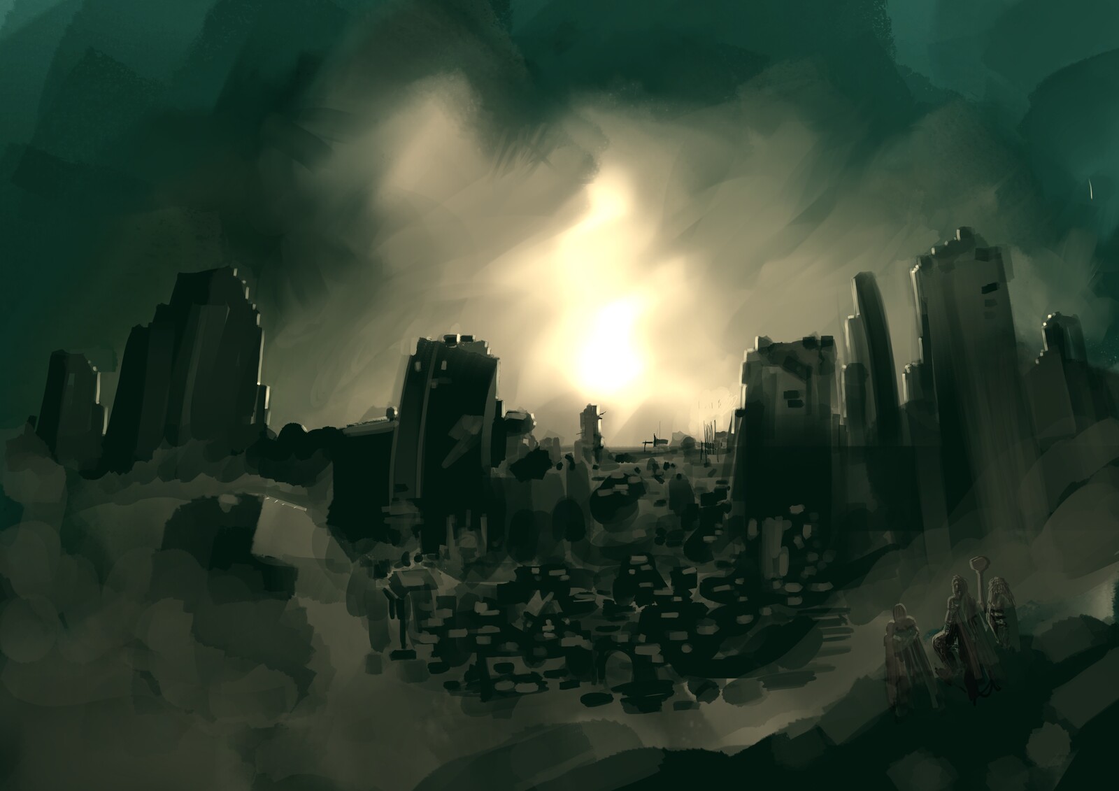 One of the shadowed villages sprawls beneath a ruined set of towers.