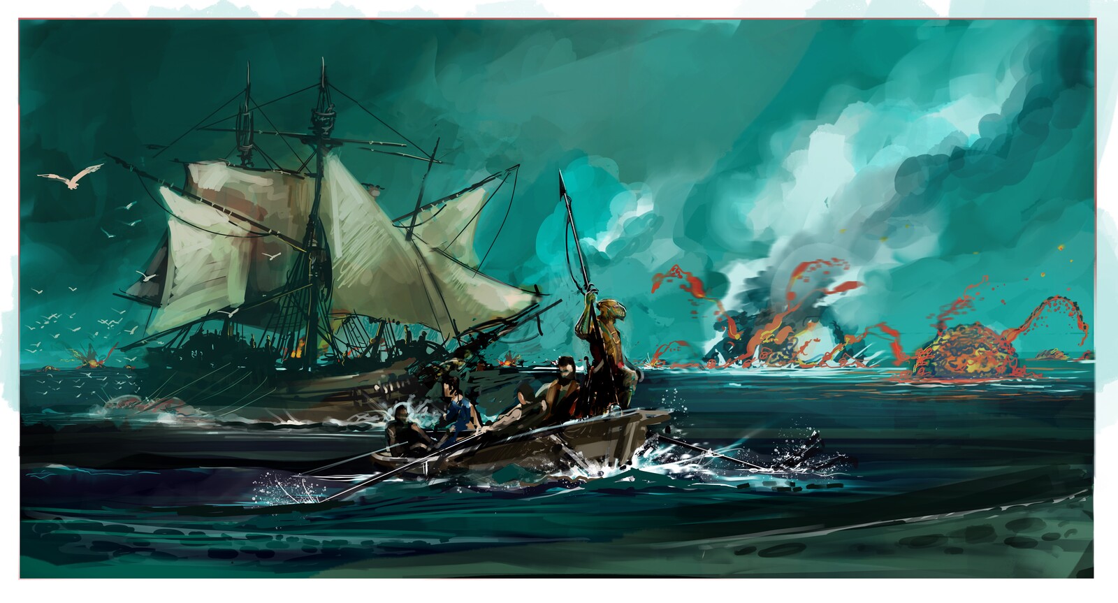 A Great Sunfish trawler crew find themselves in the boiling waters where volcanic reefs spew lava in a chain that separates their ocean from the rest of the world, these warm waters are home to a number of large creatures that they hunt.