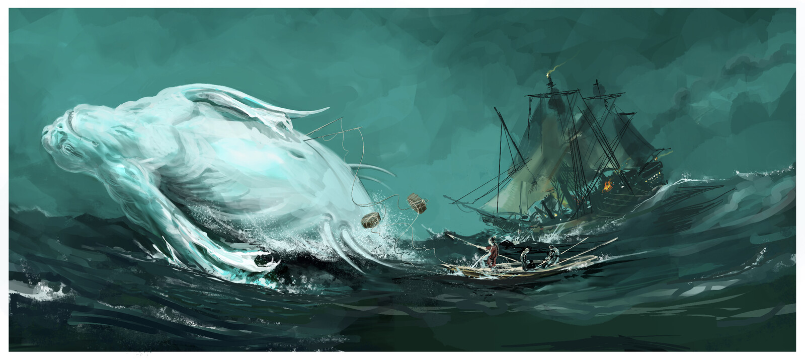 Further north, the Ningenna, ocean creatures thought to be related to the ancient land giant peoples long gone from the world. Regardless of their melancholy human looking heads, these creatures are still hunted.