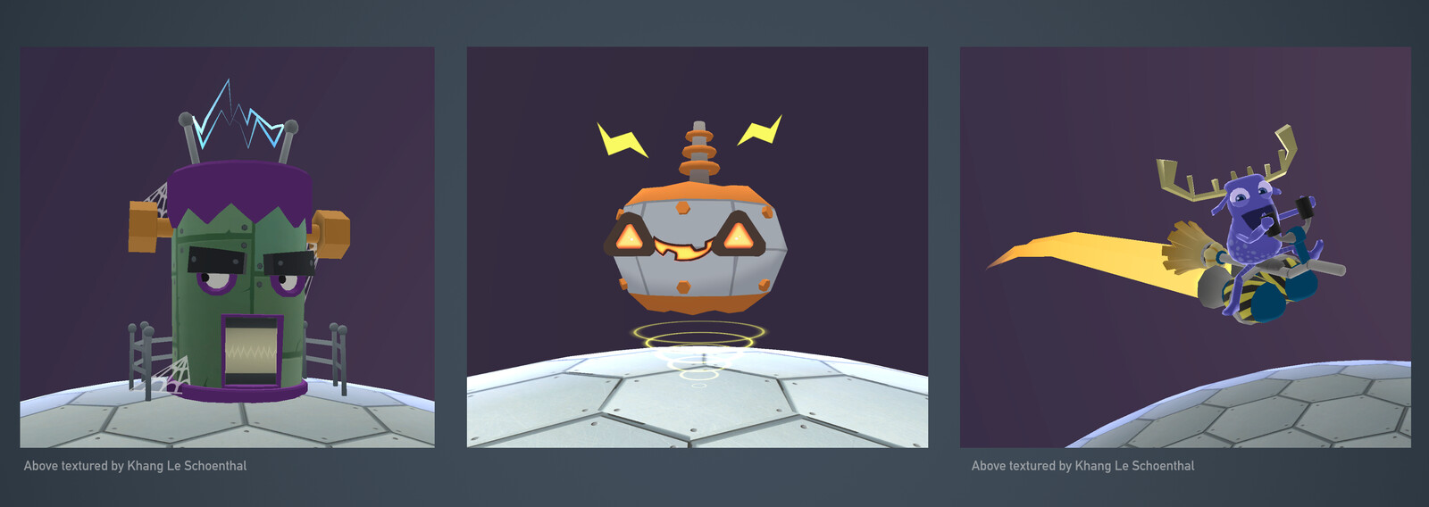 Halloween Props for Starbase MathTango: Cosmically Haunted House, Volt-o-lantern, and the Boom Broom. Starbase props feature a solid colored section that the player can recolor and customize.