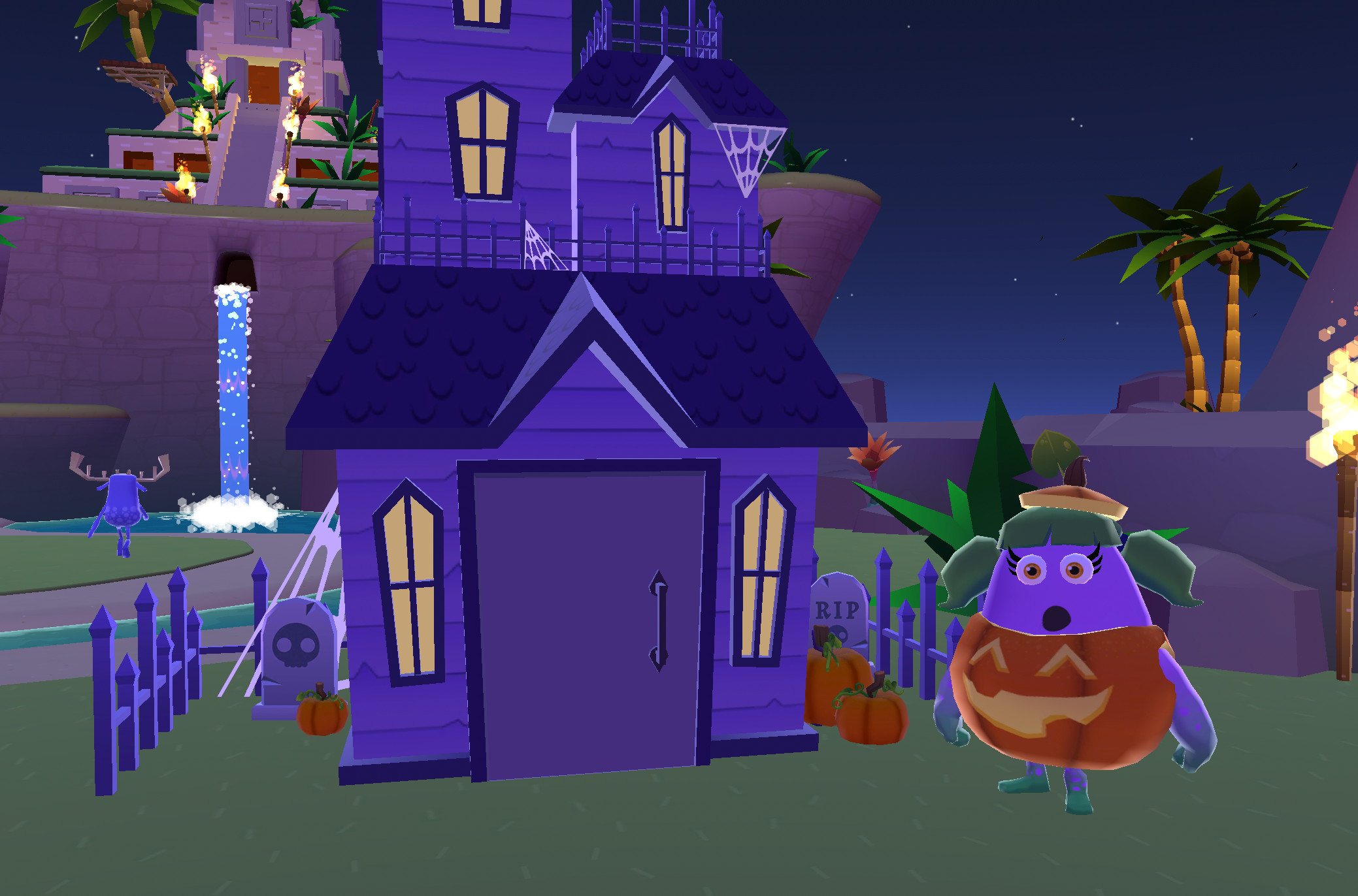 Jackie Lantern preparing to go into the creepy mansion! This update added spooky night time lighting to the normally bright island.