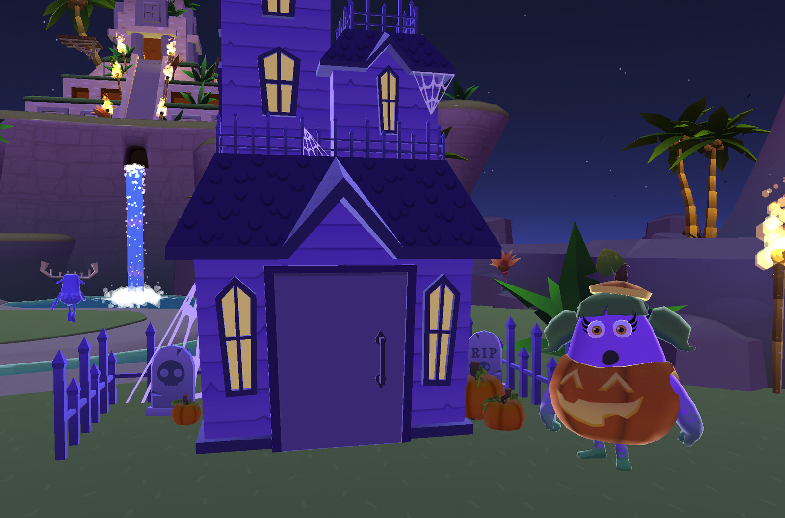 Jackie Lantern preparing to go into the creepy mansion! This update added spooky night time lighting to the normally bright island.