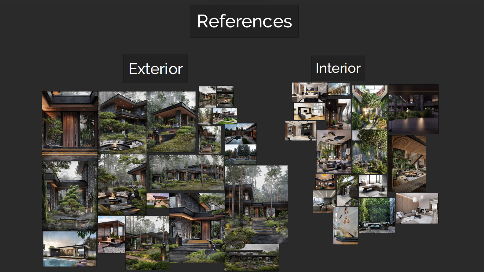 The first step is to find inspiring references. “Exterior” includes references for the exterior part of the level from the real house. “Interior” includes references to an interior of the same and other houses.