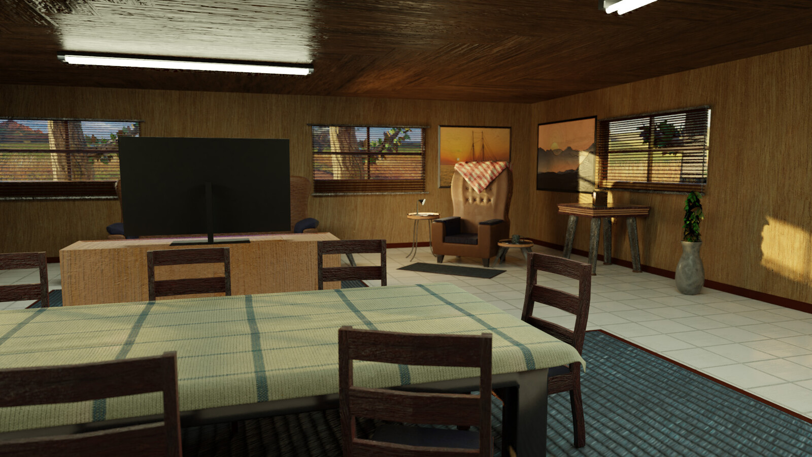 Wide shot of room with lighting with textures