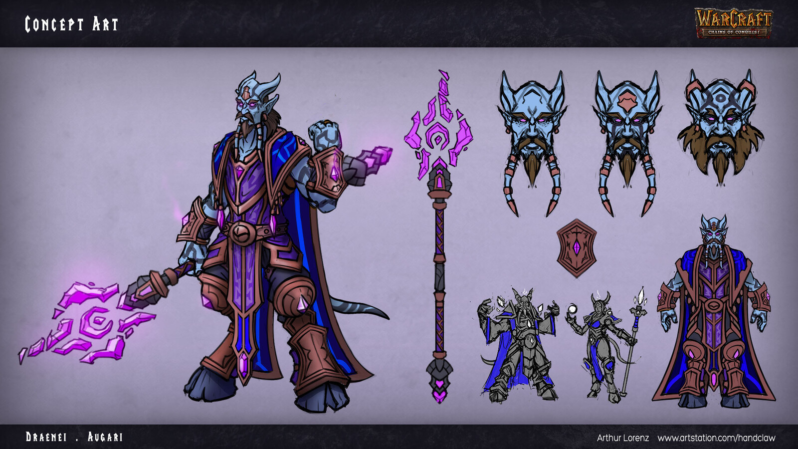 Concept Art - "Augari" - A take on a draenei mage. Given their ancient knowledge, I wanted to give them an otherworldly feel by covering their body in tattoos, differentiating them from regular mages found in other races.