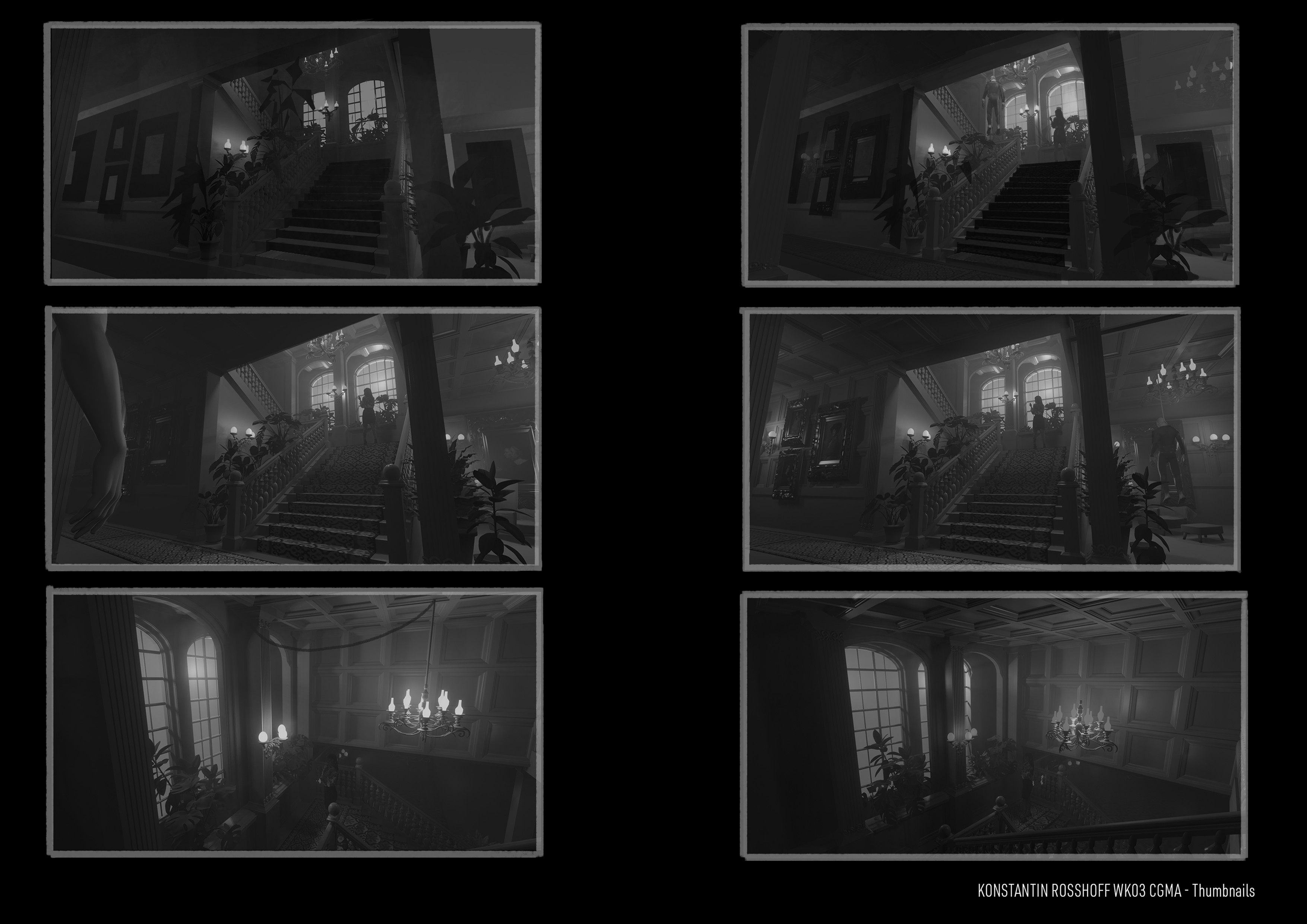 Greyscale 3D Thumbnails, done at Sergio Castanedas CGMA 3D for 2D Artists Course 2022