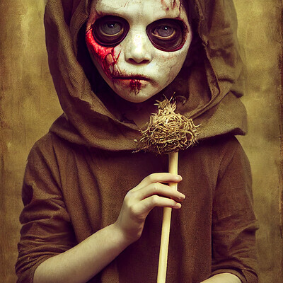 Dark philosophy darkphilosophy zombie child wearing a burlap mask holding a lol 535be8d3 b0c9 45de 8451 07899de9376a