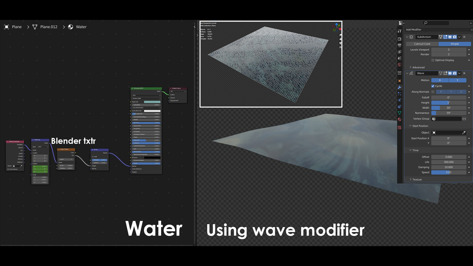 The water was kept simple. Initially I though about simulating water in Blender with Flip Fluid add-on but it wasn't efficient enough and was abit distracting from the focus. Which is was logo. So I used a plane, wave mod with a Blender txtr animated. 