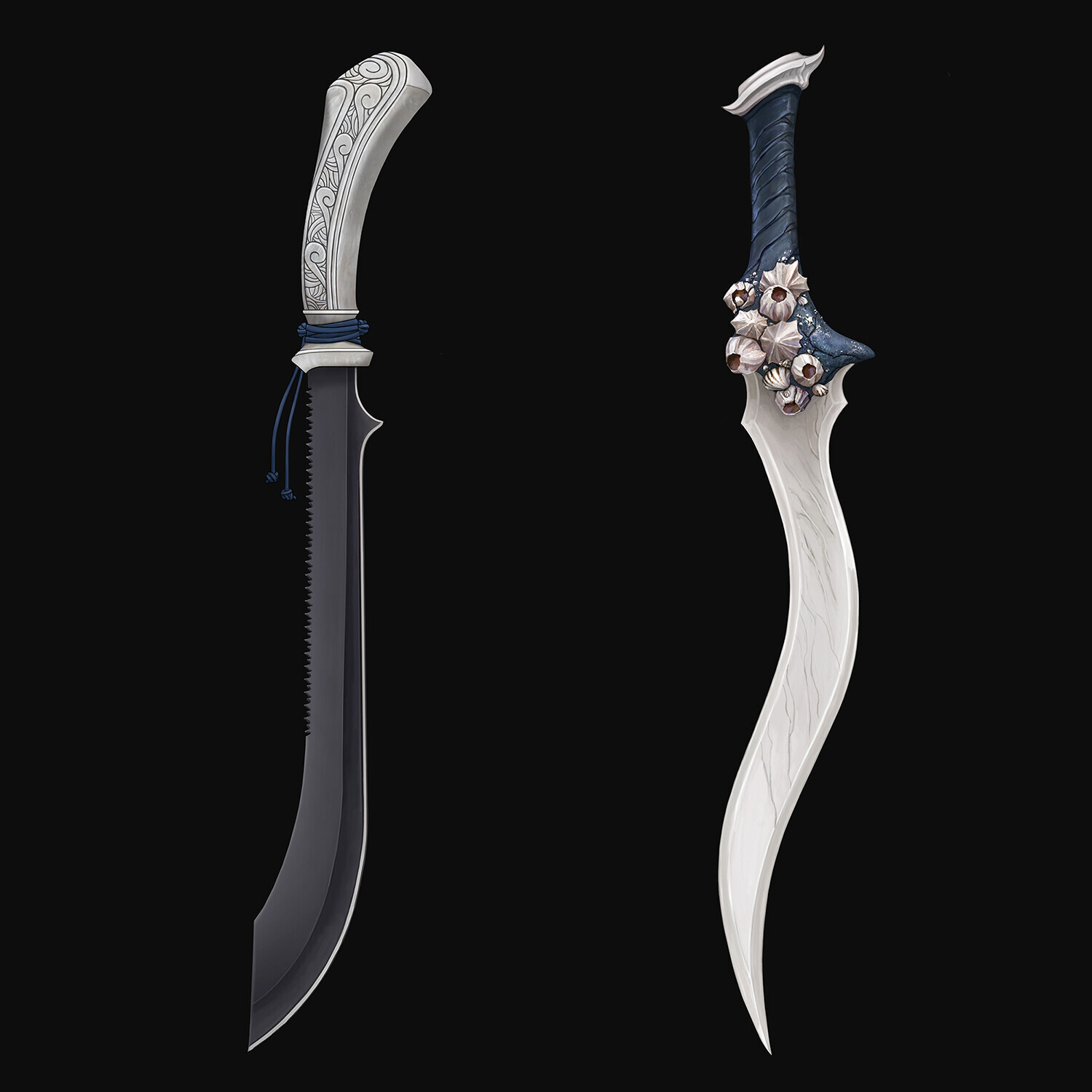 A dagger and machete inspired by sea shells.
