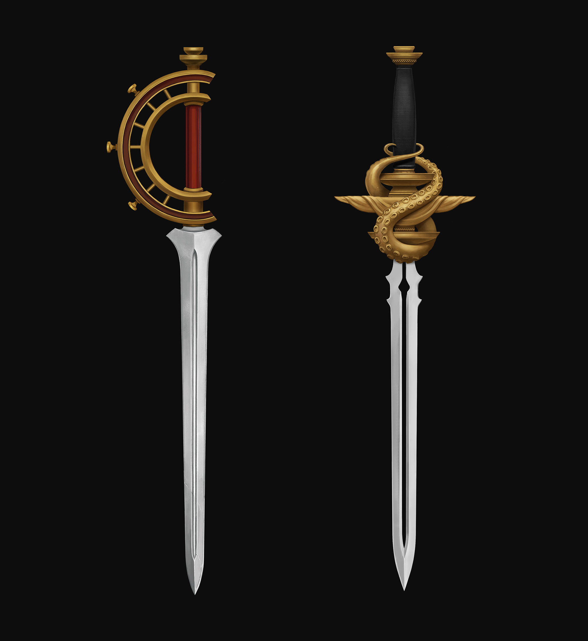 Nautical sword designs inspired by ships.