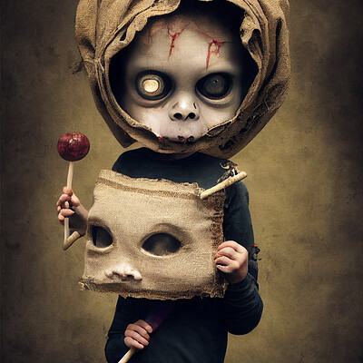 Dark philosophy darkphilosophy zombie child wearing a burlap mask holding a lol 94108a48 7c69 4d8e 8b73 d59bc77a5243