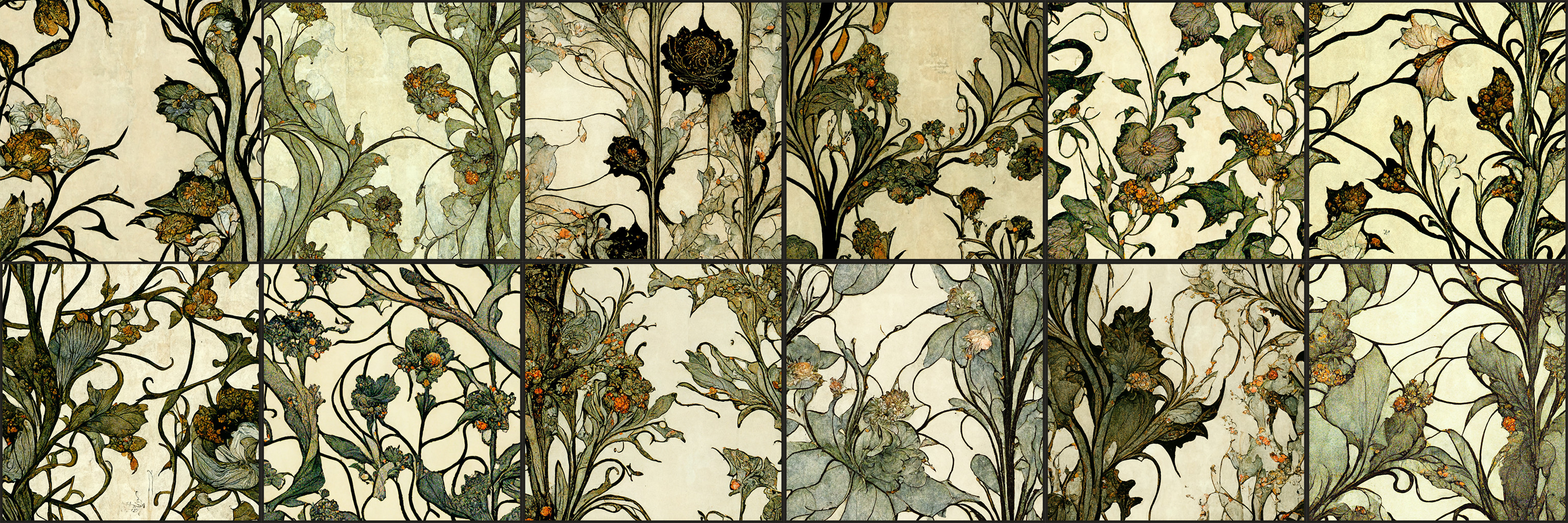 Art generated from Midjourney AI using the prompt "monocolor art nouveau wallpaper" and the new generated tiling image feature.