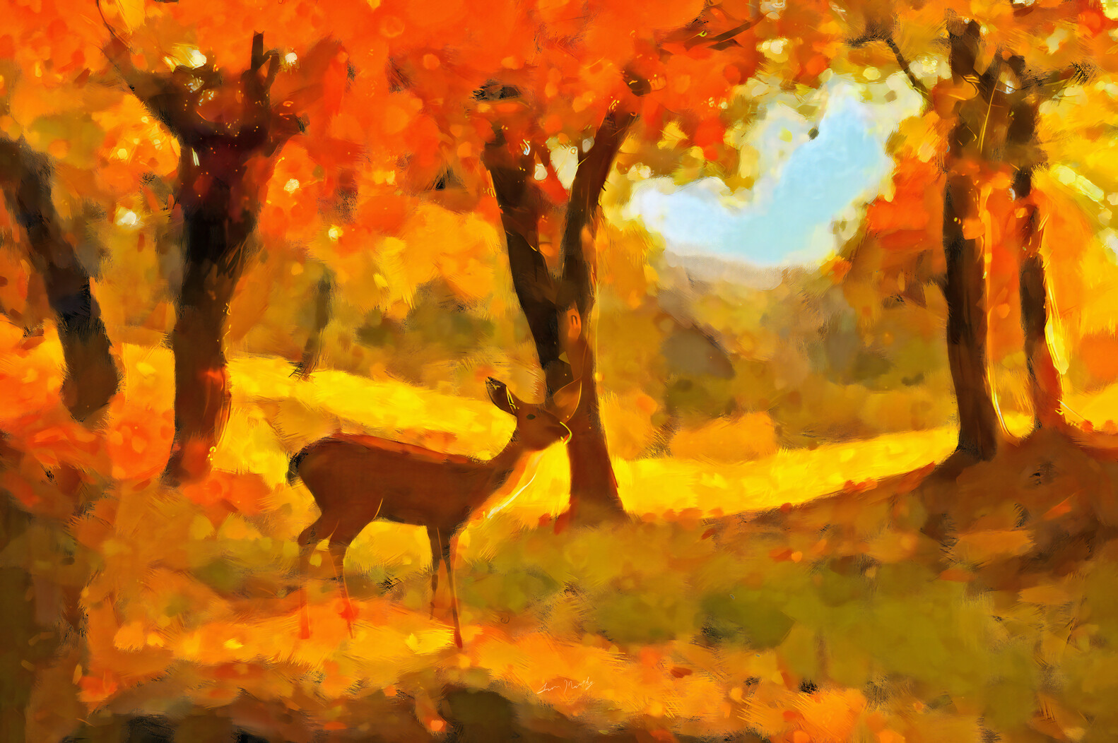 "Deer in the Autumn Forest" Digital Paint on Ink Mixed Media Experiment