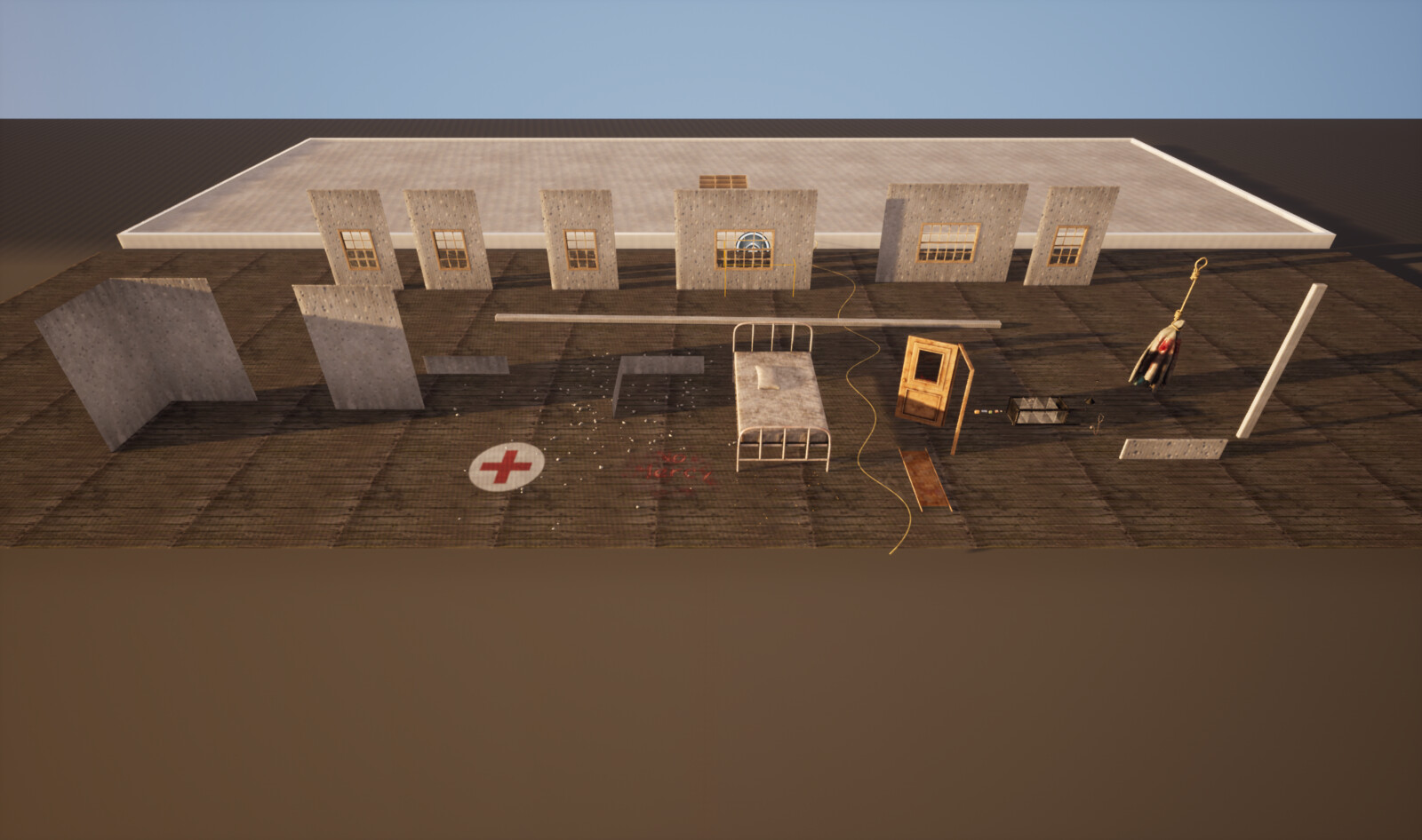 All the assets except the ones I did not made. They are frome megascans including the ground texture