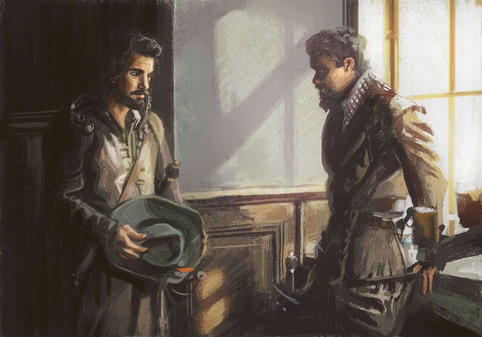 indoor color and light study from the BBC The Musketeers show with Aramis and Porthos.