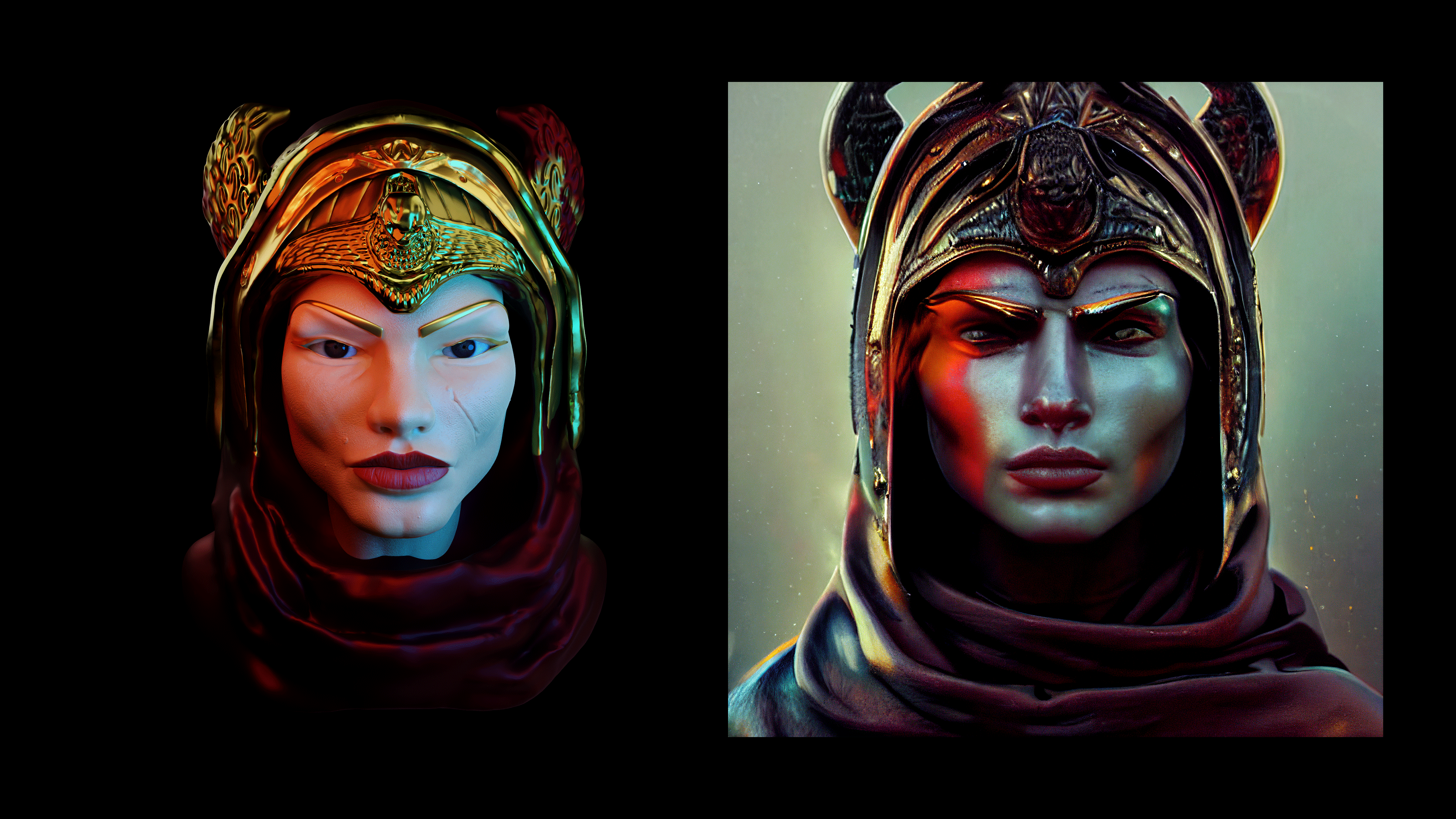 Concept and Final render side by side. The concept art was produced using Stable Diffusion on my own machine.