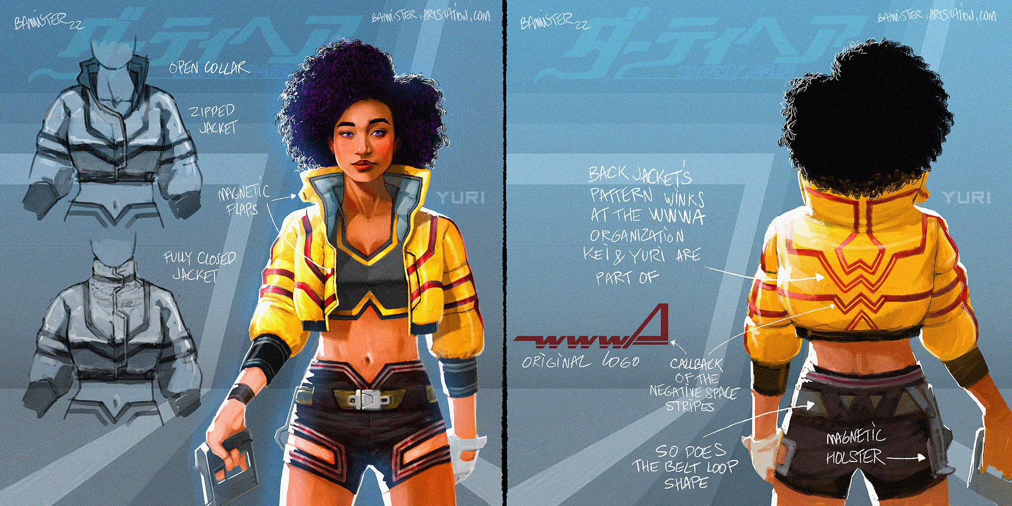 For Yuri's jacket, I kept the color code from the original one and made it a puffer bomber to contrast with the shorts she's wearing.
Nothing to sosphisticated, easily readable, with a hint of scifi/cyberpunk vibe (bevels and such recognizable shapes).