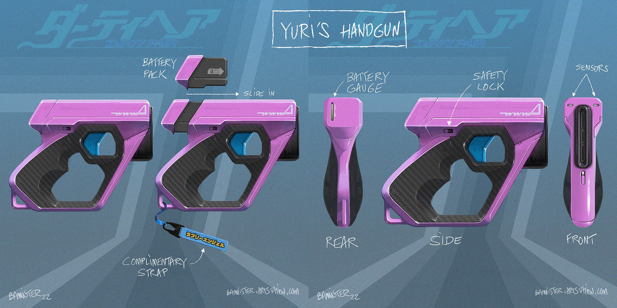 Yuri's compact handgun has been a blast(er) to redesign.
Keeping the original shapes and colors, updating it a bit with some carbon material and tech features. The battery pack system was already in the original design, I didn't invent it.