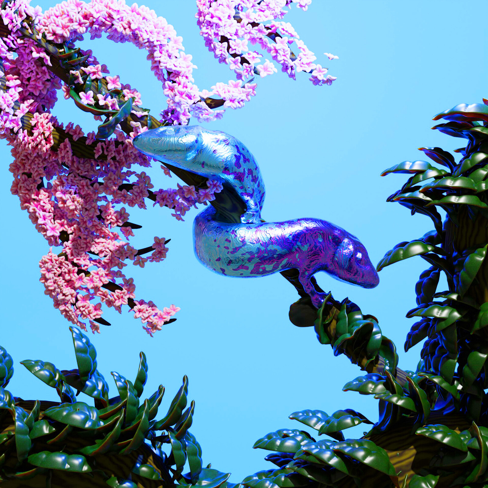 iridescent lizard on tree branch