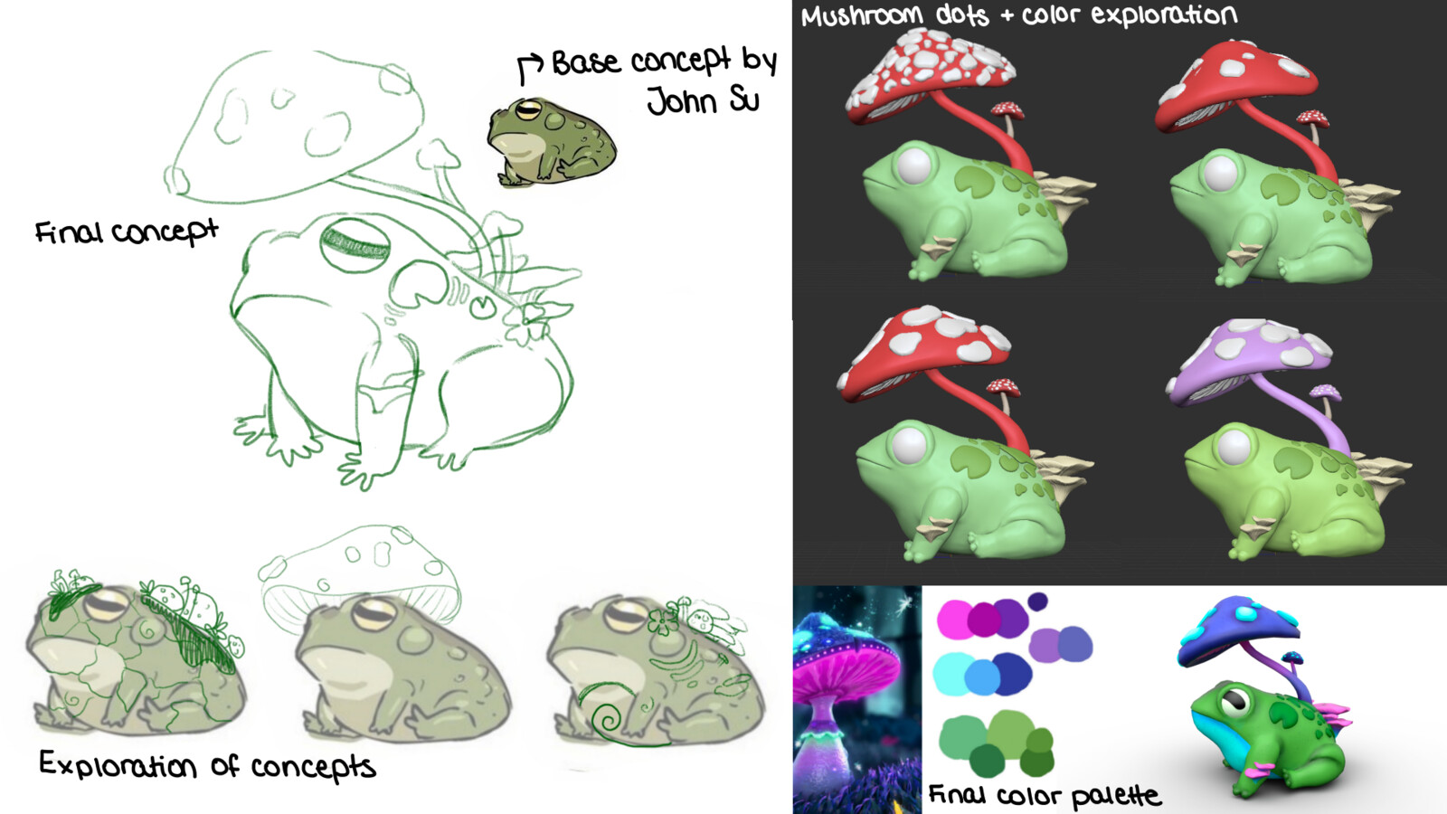 I based my concept off of John Su's frog drawing, but expended upon it to find a concept I wanted to sculpt. I also did a lot of exploration in terms of color palettes and sculpt details.