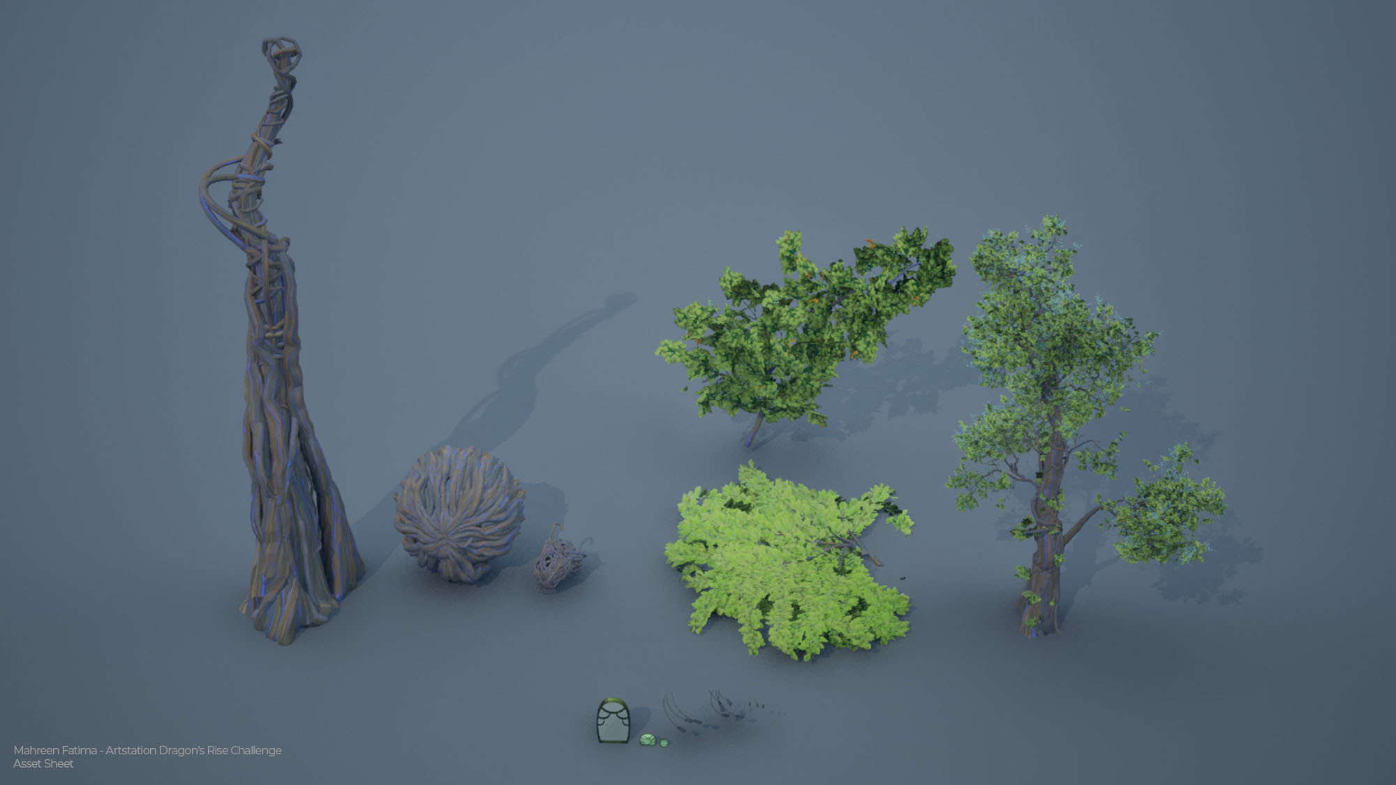 All assets in same sheet to demonstrate scale of foliage assets. Details in smaller assets were minimalized due to the scale and amount of pixel space these assets would need in final images. 