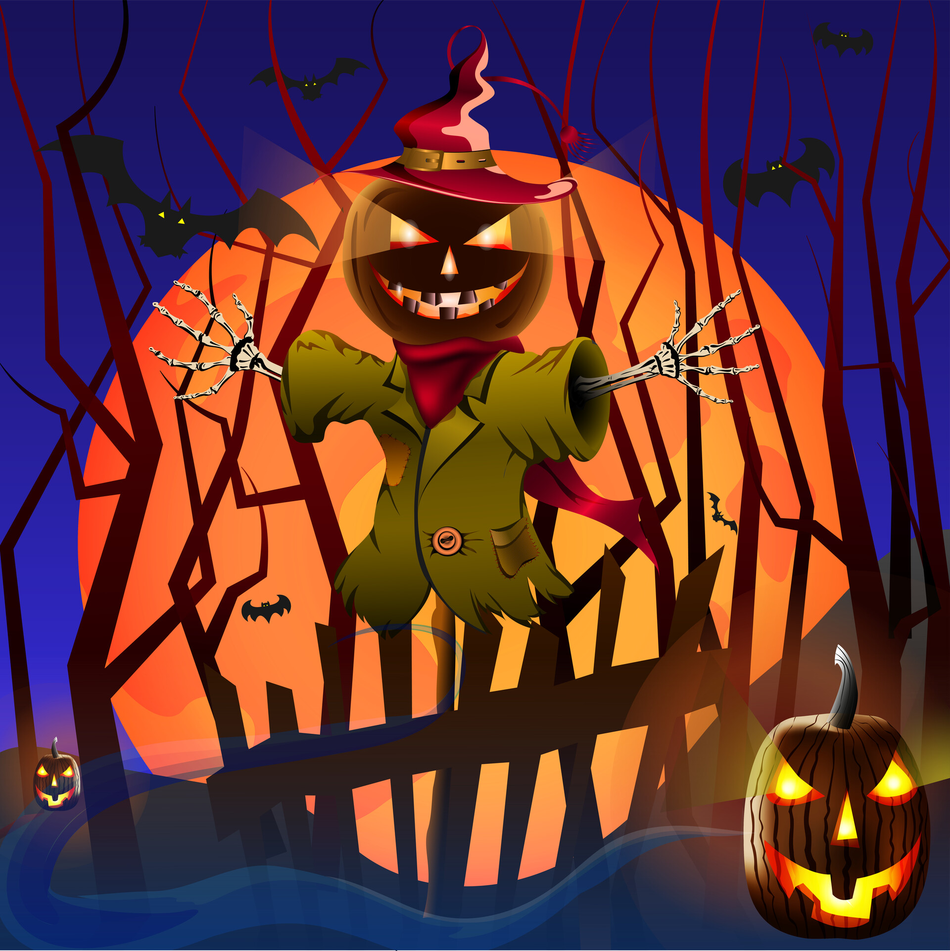 ArtStation - Halloween scarecrow from a pumpkin behind a fence.