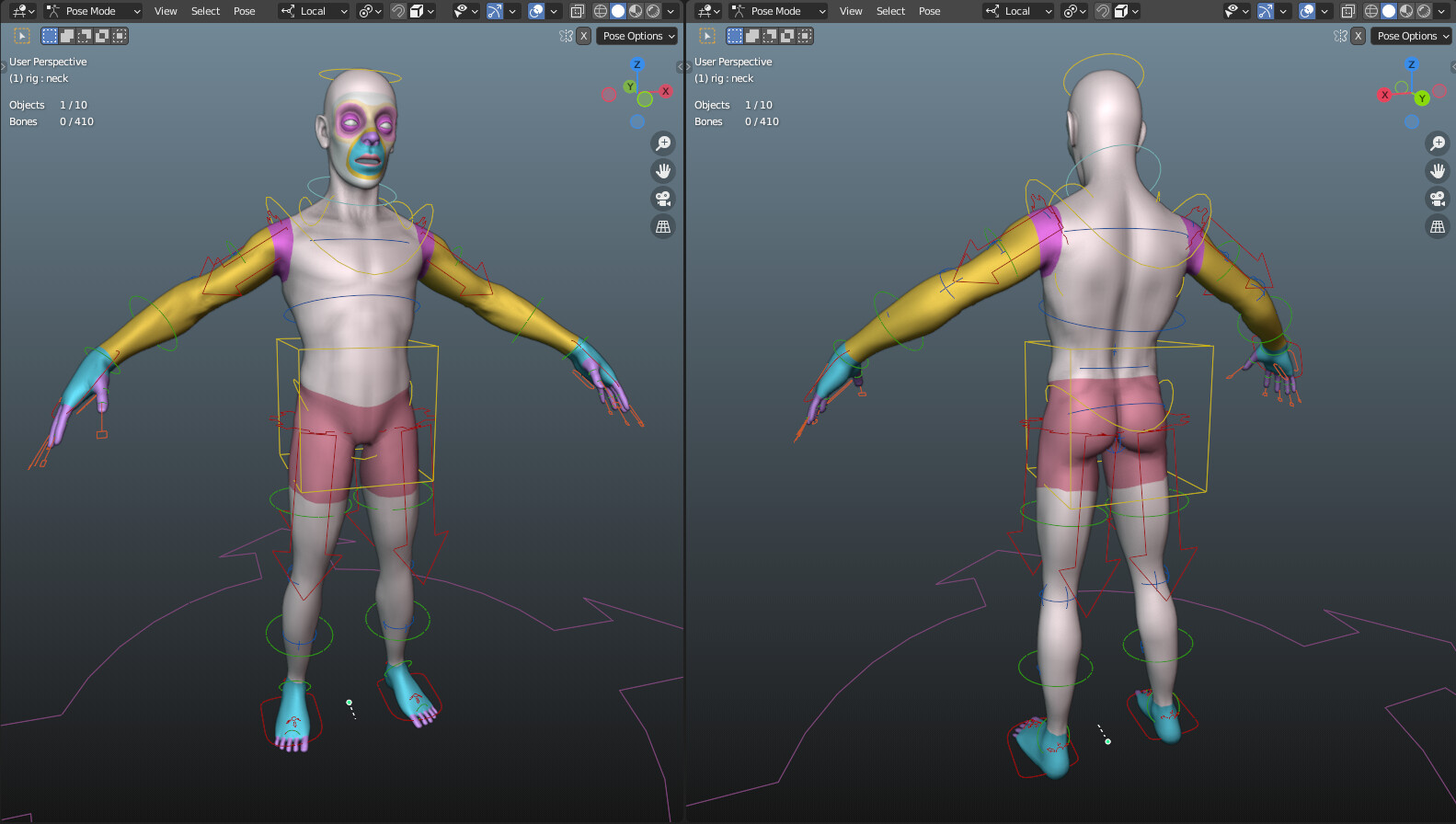 The rig was setup with Rigify which is an automation tool in Blender. This is done by creating a skeletal system placing each bone along the mesh, then Rigify will ref our setup to create all the bones and controls. Then we just bind the mesh to the rig. 