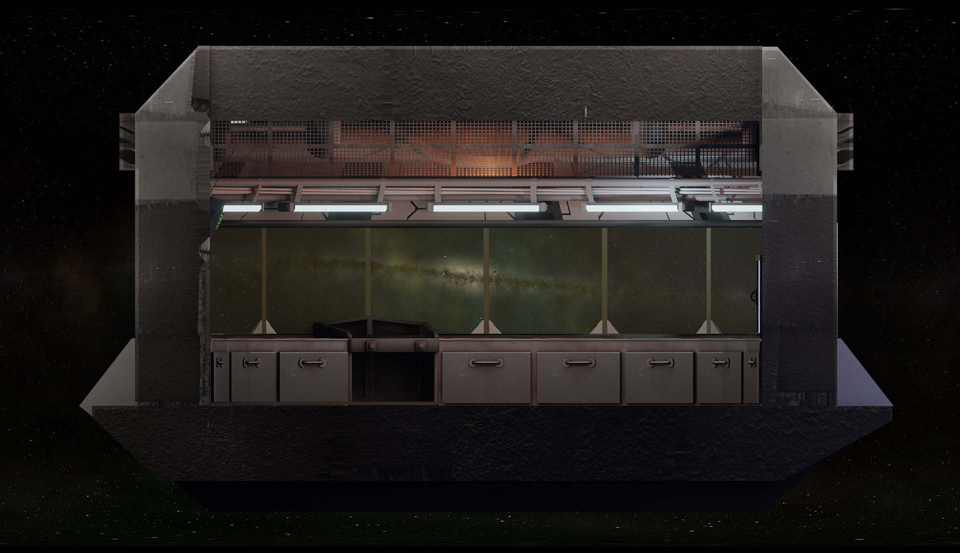 The kitchen, rendered in orthographic view. 