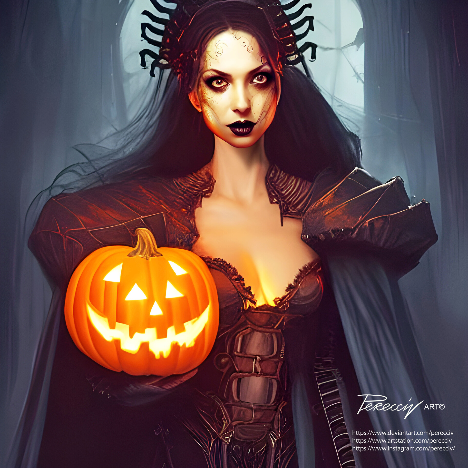 ArtStation - Beautiful witch girl with halloween pumpkin