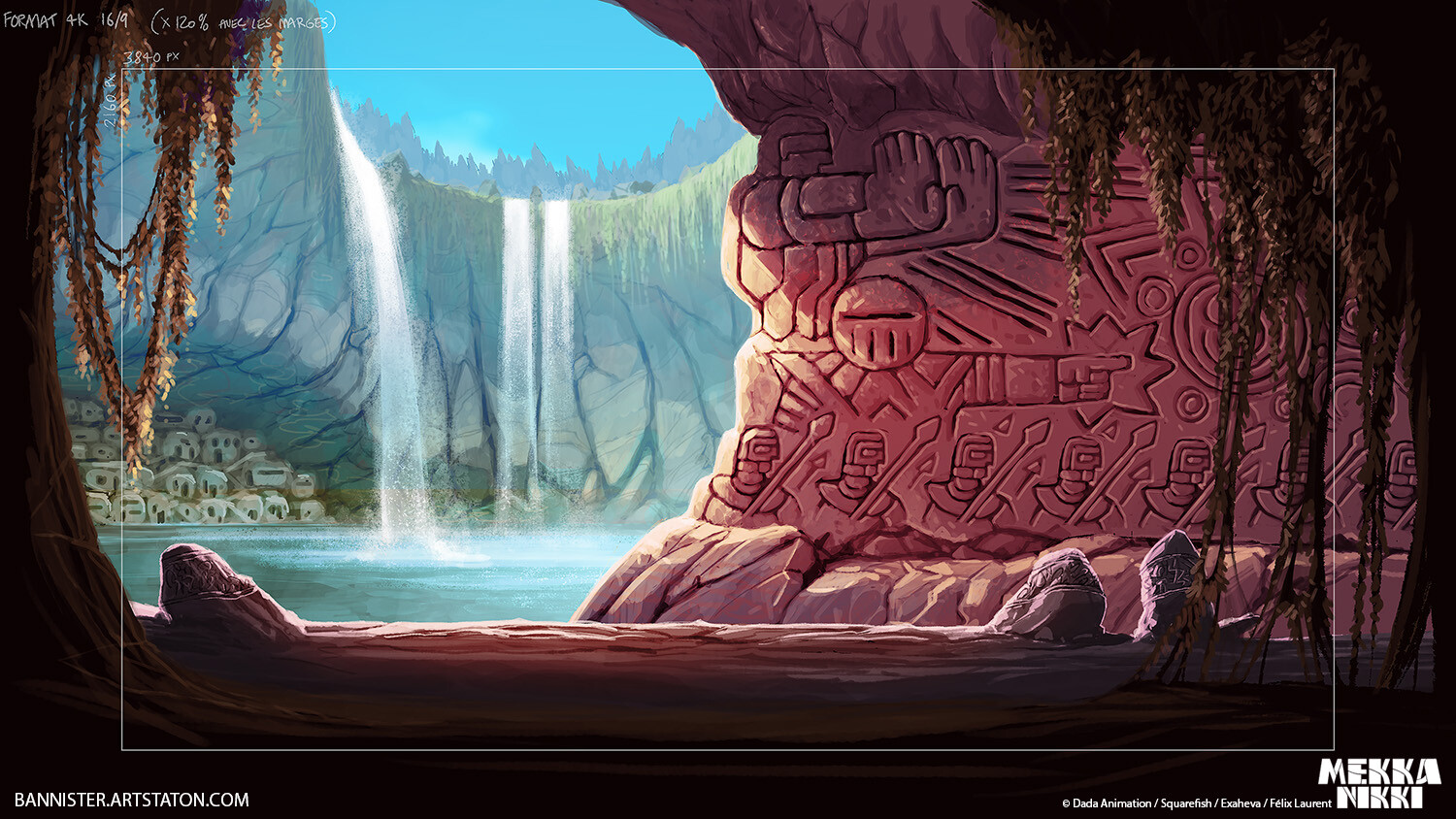 Cave wide shot.
Coming up with the depth feeling and the round shape of the place was challenging.
I painted the waterfalls, subtle water animation FX on them would do the trick.