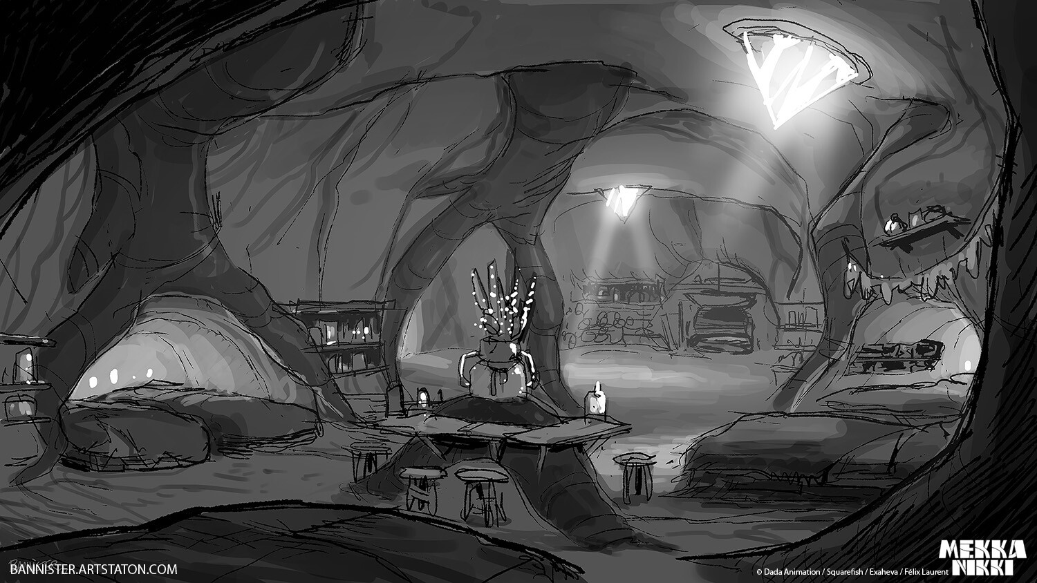 Underground lair concept art before 3D modelling.