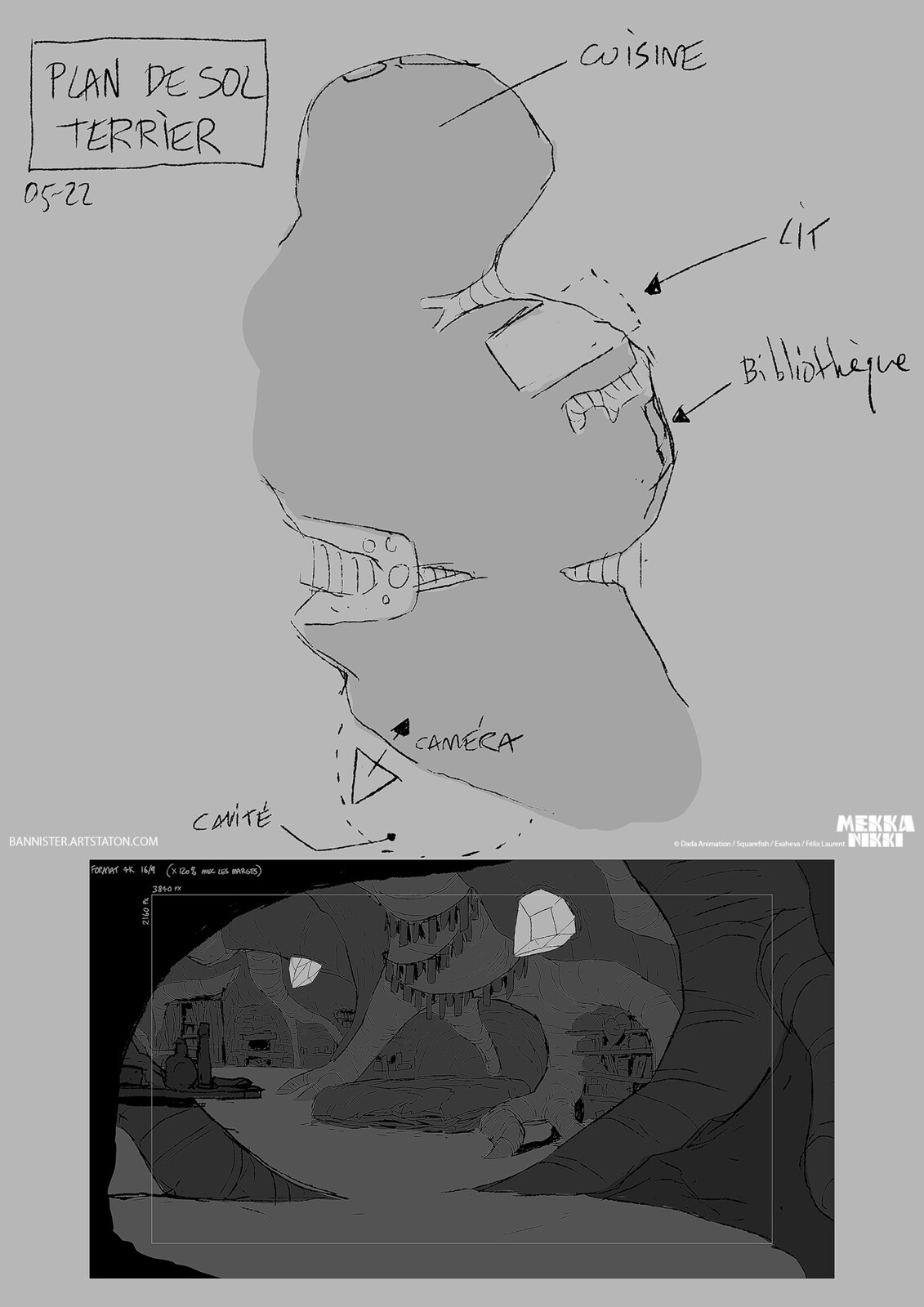Underground lair concept design and floor map, before 3D modelling.