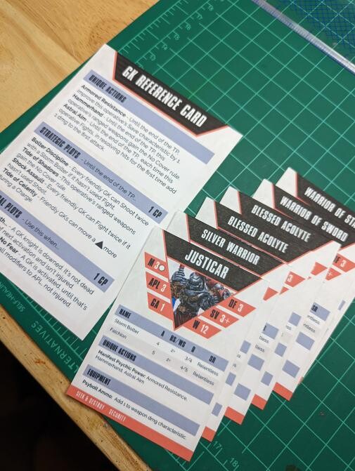 The printed out cards with a reference card to prevent digging through books during play. 