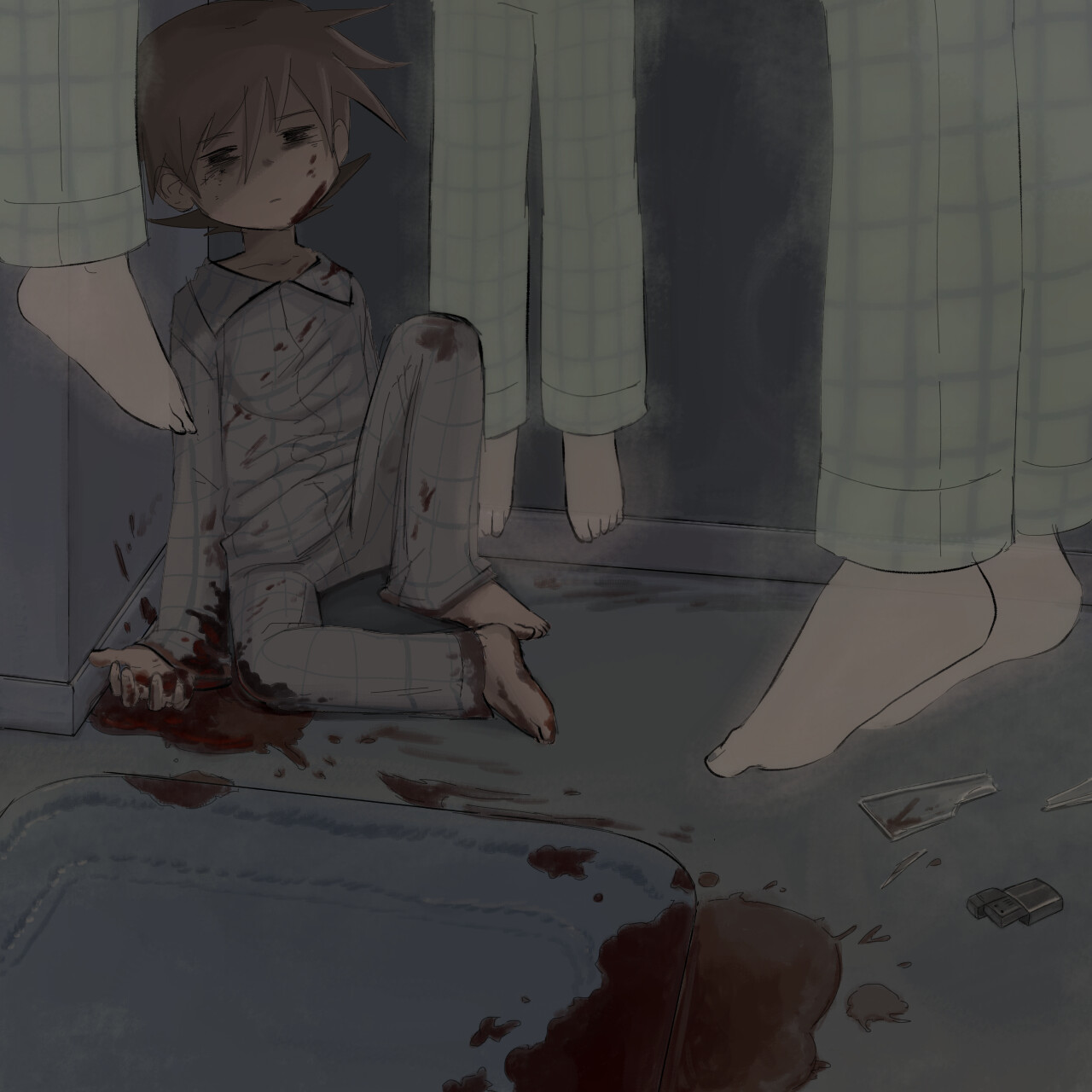 Living Chirin surrounded by ghosts with a cut on his palm