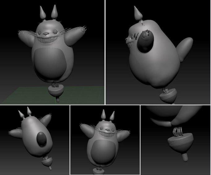 3D Modeling images of Totoro in Zbrush.  Toy spinning top created in Maya then distressed in ZBrush.  Character created all in ZBrush. 