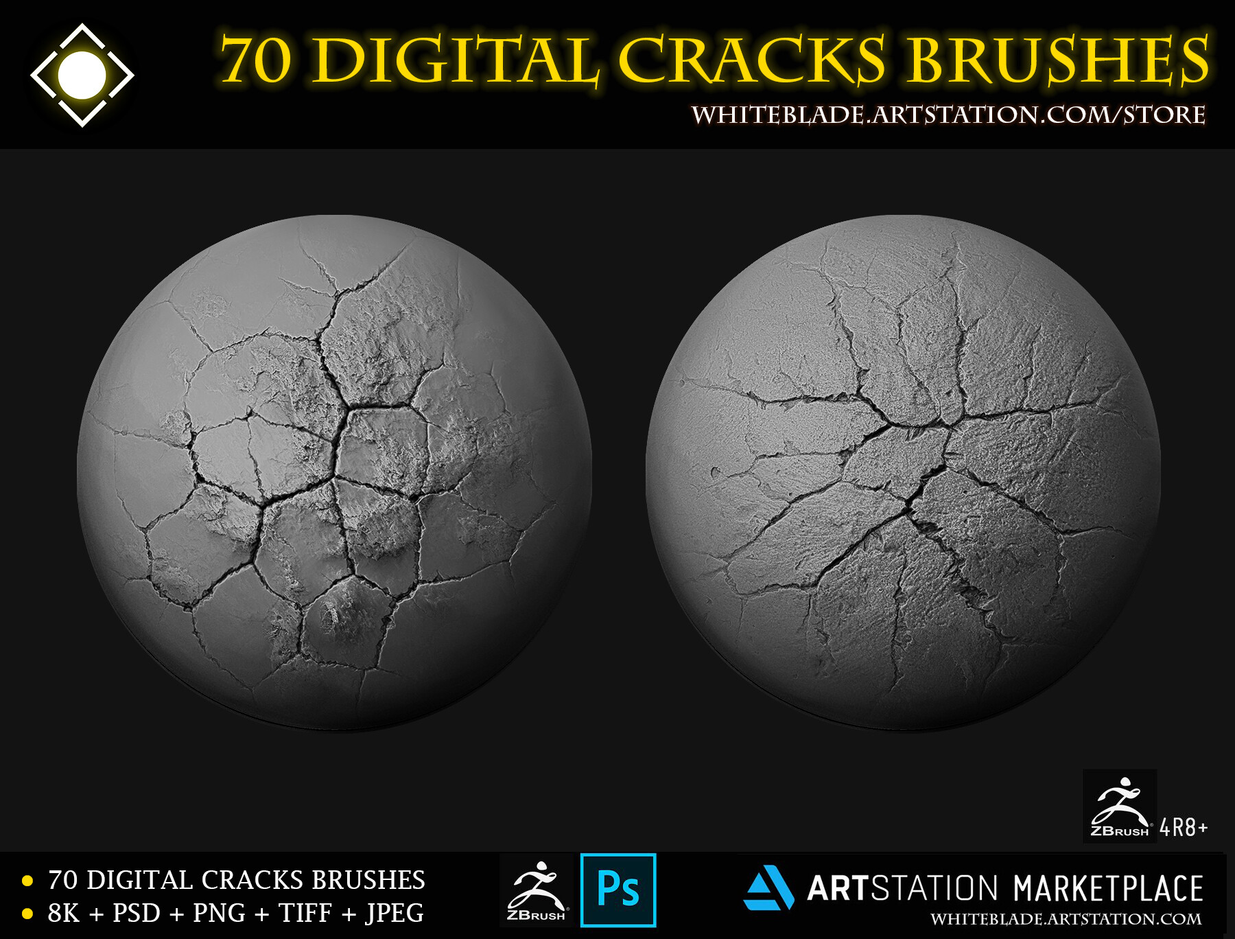 ArtStation - 70 Digital Crack Brushes Vol.01 - ZBrush 4R8+/