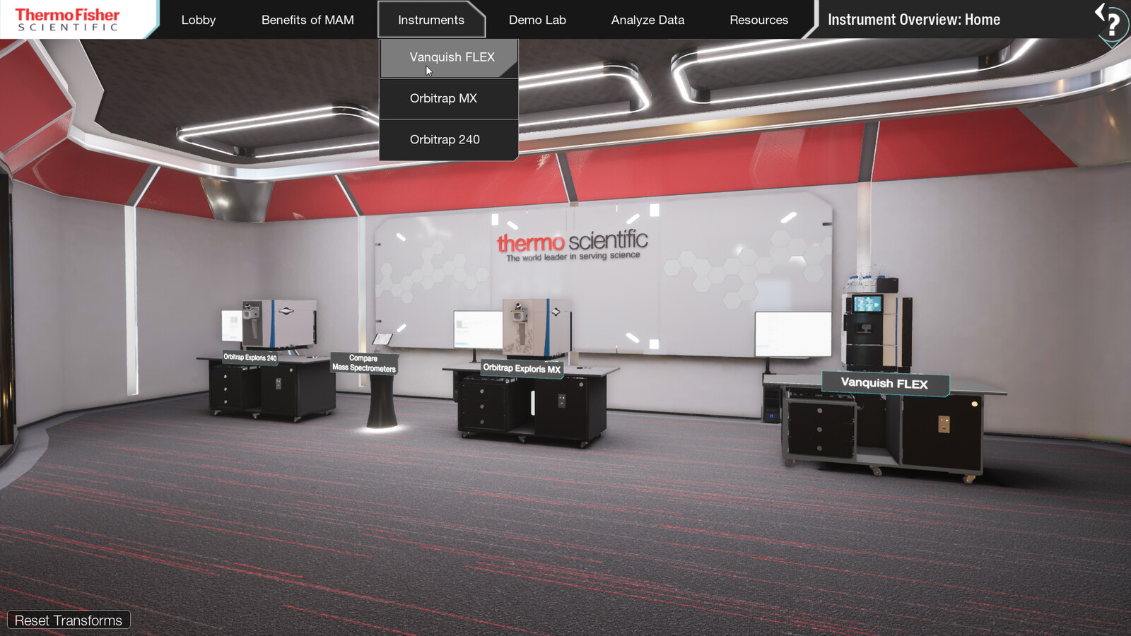 This is the "Instrument Demo" room. Also noted is the HUD that I developed that can allow the user to quickly access any room and section of our entire project quickly and easily.