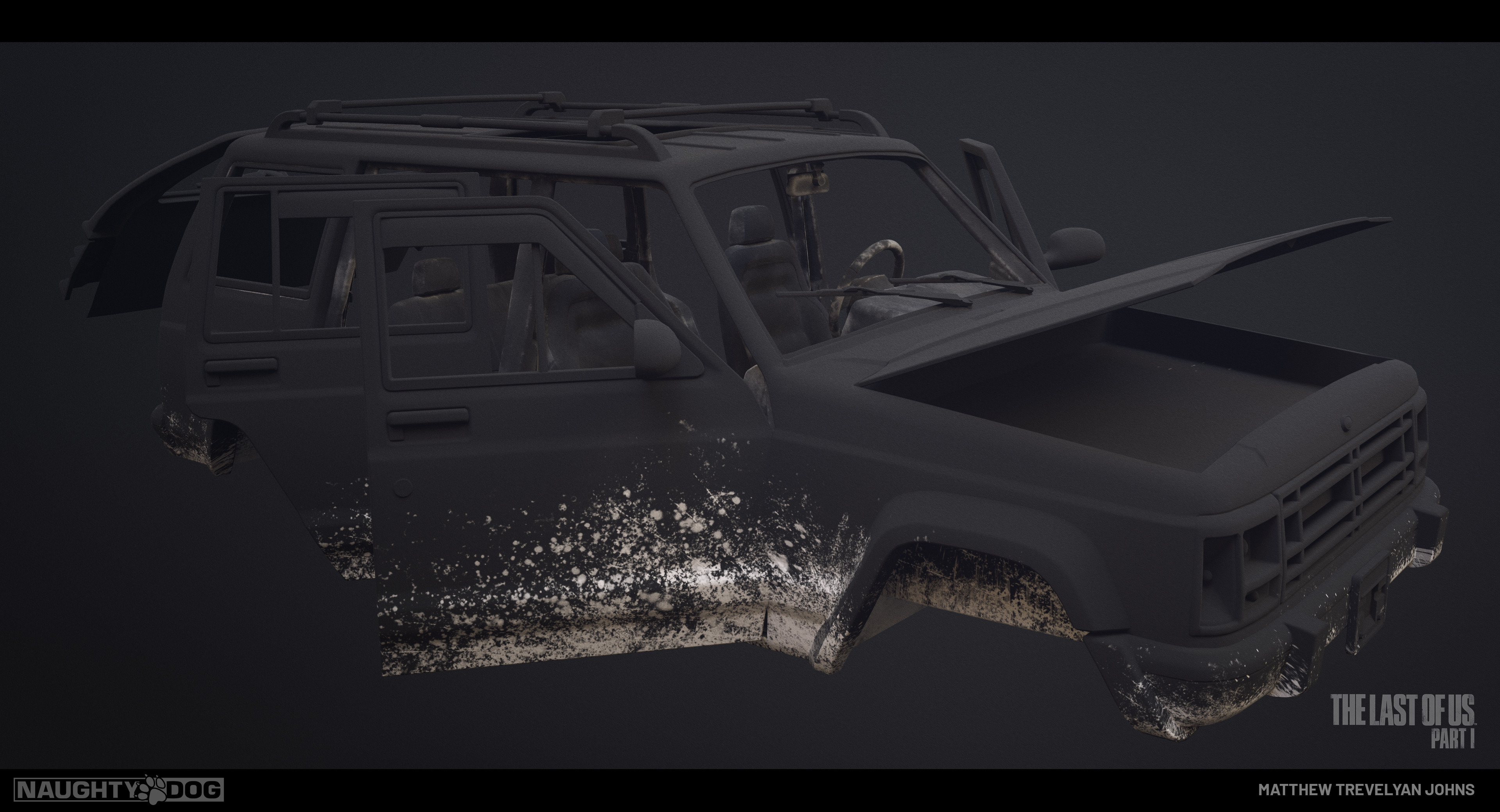 The shinier response of the clear-coat shaders could sometimes appear too reflective in areas of shadow. To counteract this, I created masks in substance painter that drove a mud layer in my shader to dampen the reflectivity around the base of the vehicle