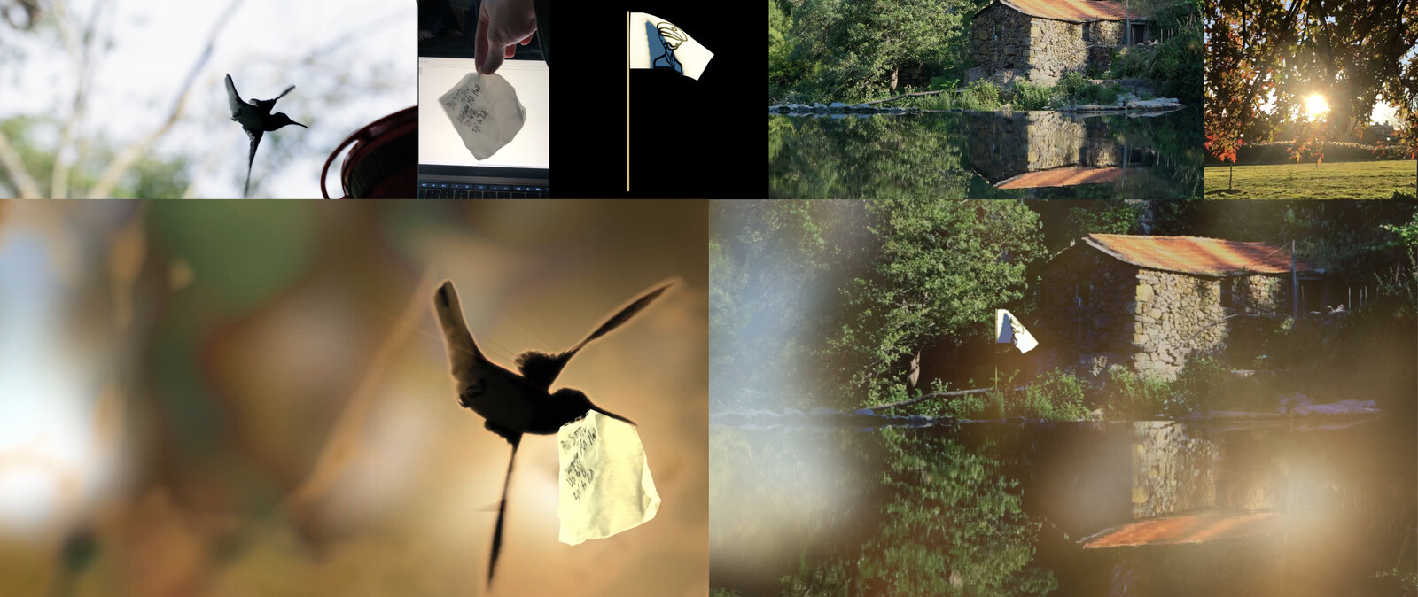 Top row, assets for a shot: stock footage, cell phone video, Blender render, and cell phone bokeh source.  Bottom row: two frames of the final shot, composited in Resolve.