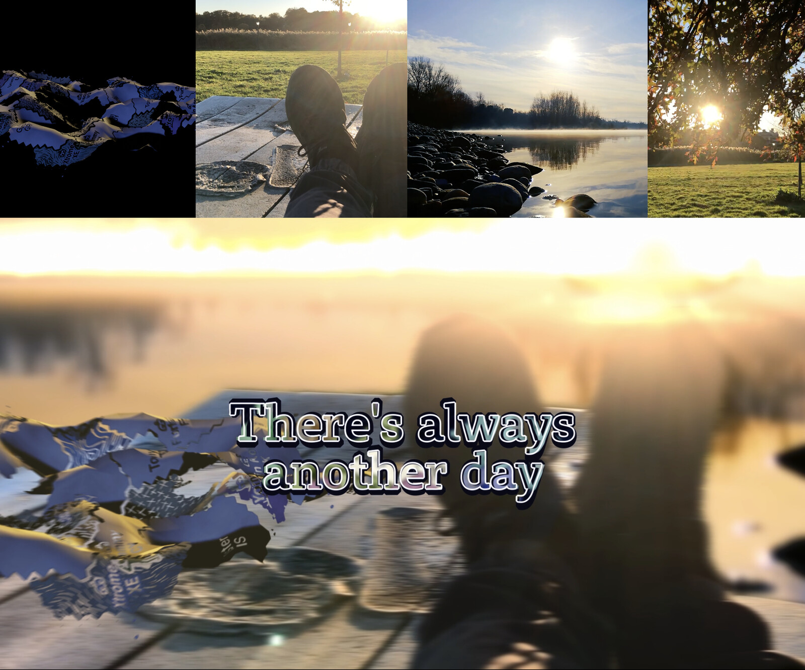 Top row, assets: Blender render, cell phone clips, and stock video.  Below: the final composite, with additional color grading and motion graphics.