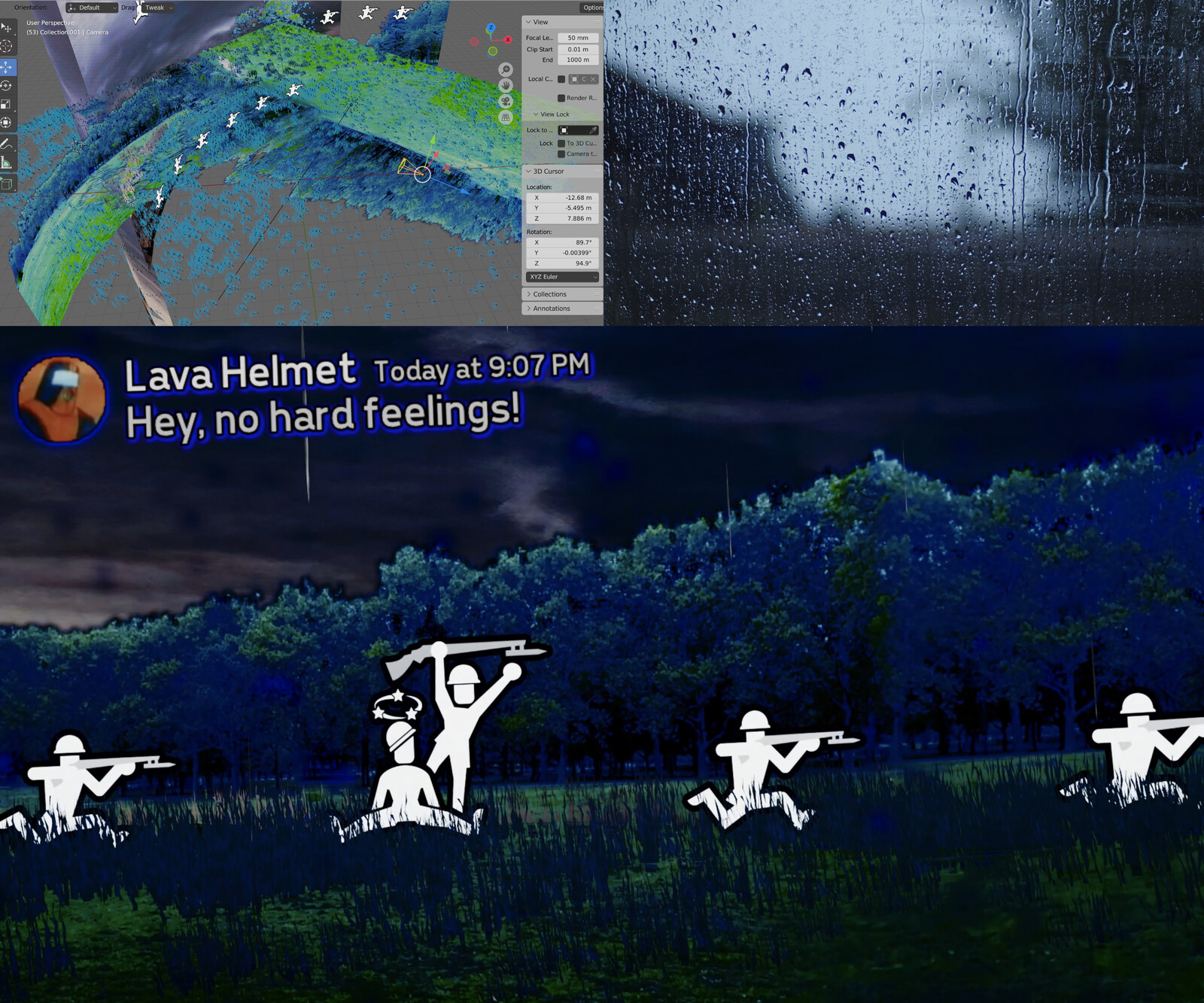 Top row: a Blender scene, showing setup, and a stock footage layer. Below: the final shot, with additional color grading and effects in Resolve.