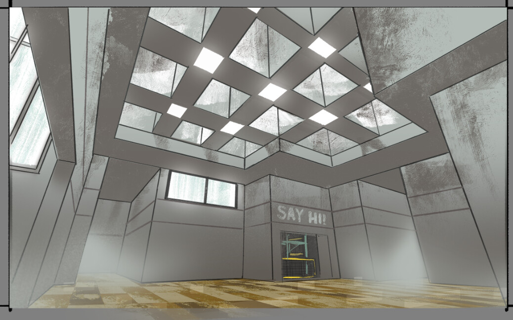 Initial blockout paintover which was a more scattered layout. 