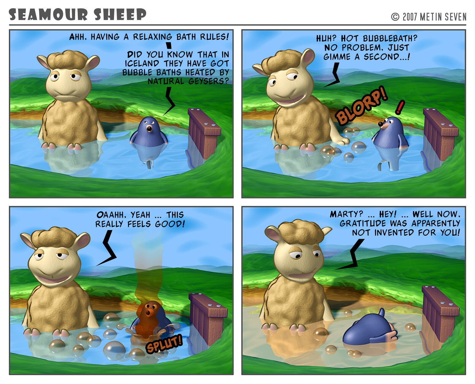 Seamour Sheep and Marty Mole comic strip episode: Bubble bath