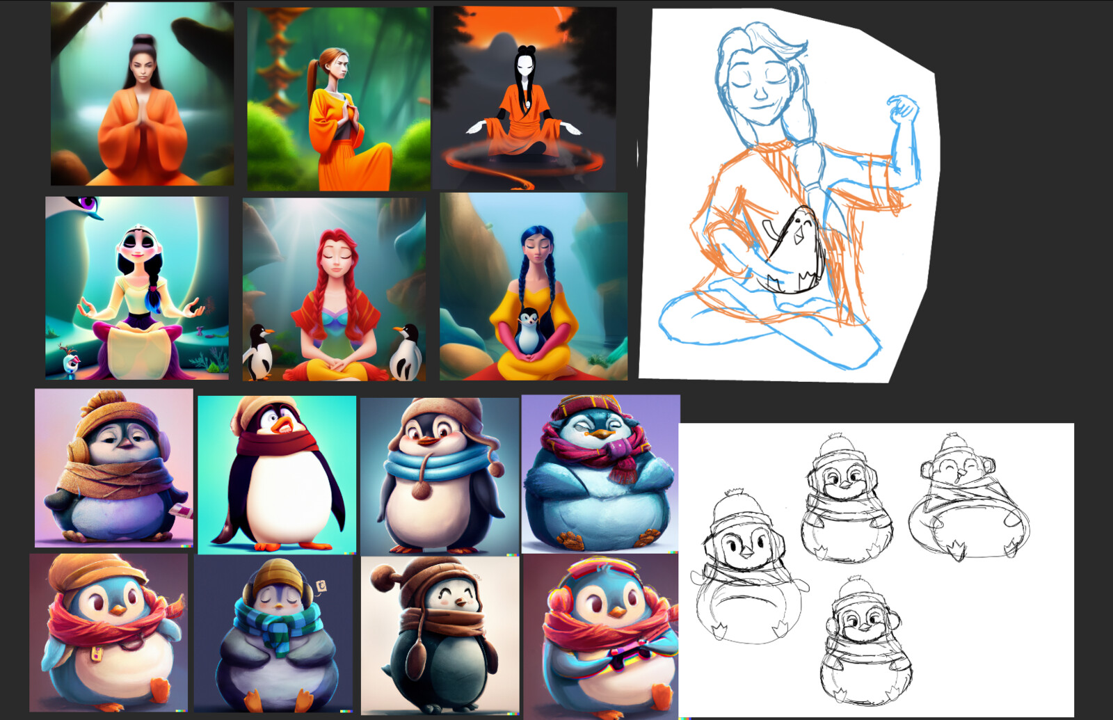 For coming up with the concept, I started with the prompt word "Zen" and I came to the idea of sculpting a girl meditating with a Zen Penguin. I used Stable Diffusion to brainstorm some concepts and then did some rough sketches